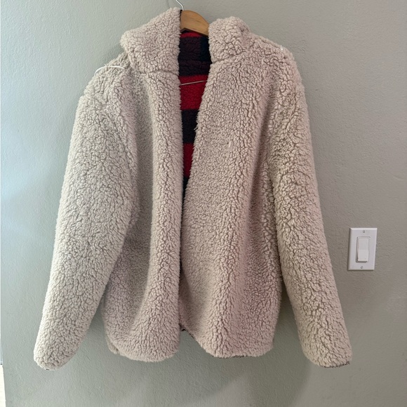 Love Tree Reversible Sherpa Hoodie Jacket Plaid/Beige Cozy Zip Front Size L - Picture 4 of 6